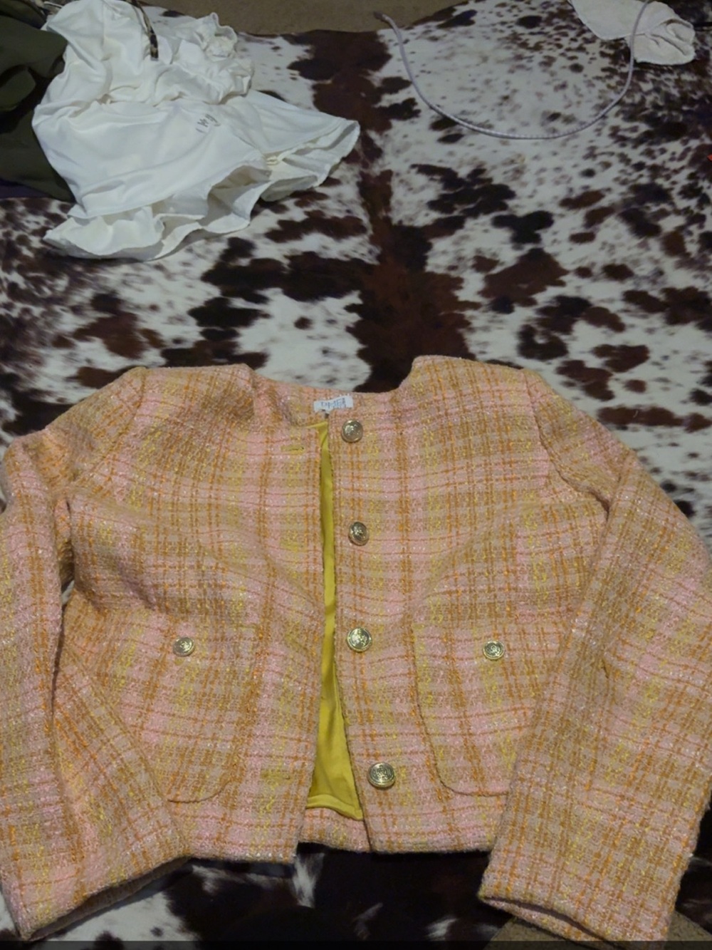 Classic Pink & Yellow Tweed Collarless Jacket - Small - Picture 1 of 1